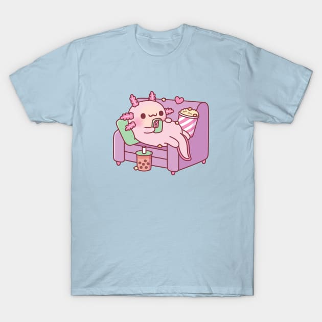 Cute Axolotl Chilling With Handphone Bubble Tea And Popcorn T-Shirt by rustydoodle